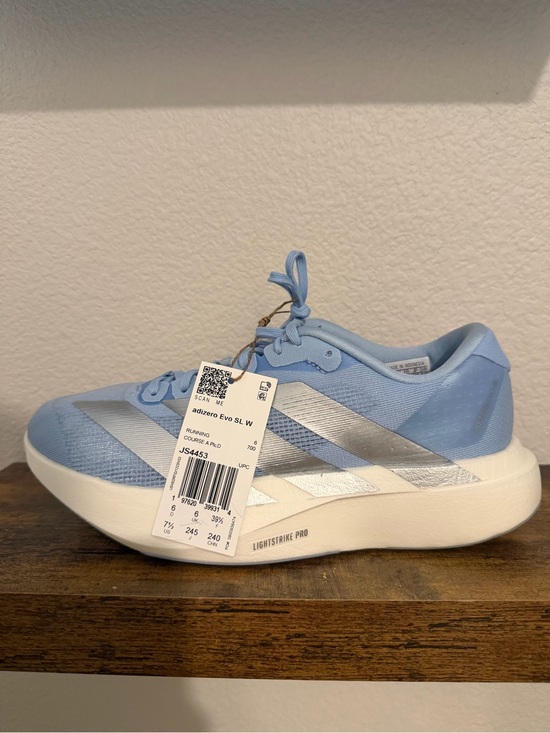 adidas Shoes - adidas Adizero Evo SL Light Blue Women's Running Shoe with Silver Stripes